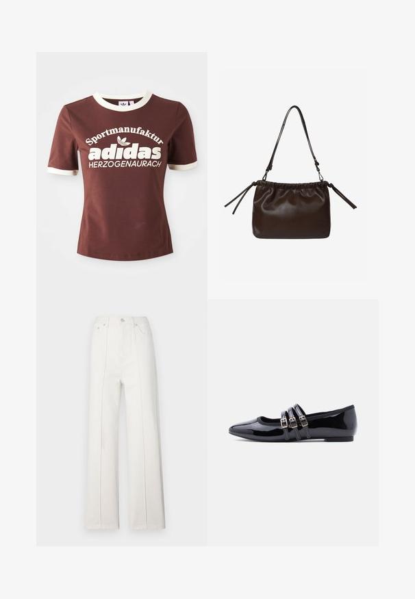 Bruine t-shirt met korte mouwen, voorzien van een crèmekleurige kraag en manchetten. Heeft grote witte tekst met de opdruk "Sportmanufactur adidas Herzogenaurach."; Witte denim brede broek met een hoge taille, voorzien van verticale stiksels en een knoopsluiting aan de voorkant. Gladde textuur met een strak ontwerp.; Zwarte flats van lakleer met een puntige neus, voorzien van drie decoratieve riemen met metalen gespen. Glad oppervlak en lage hak.; Bruine leren schoudertas met een geplooid ontwerp, verstelbare riem en kwastaccenten. Zachte textuur met een glanzende afwerking.