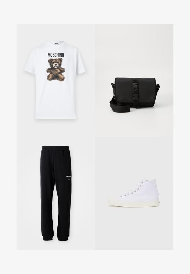 T-shirt en coton blanc avec un graphisme d'un ours en peluche marron aux grands yeux et bouche cousue, étiqueté "MOSCHINO" en texte noir gras.; Pantalons de survêtement noirs à coupe décontractée, fabriqués en tissu doux. Dotés d'une taille élastique et du logo blanc "Moschino" sur la cuisse gauche.; Baskets montantes blanches en toile avec bout rond, œillets en métal et semelle en caoutchouc crème. Texture lisse avec des détails de design minimalistes.; Sac bandoulière noir en nylon avec rabat, doté d'une fermeture à bande logo proéminente, d'une bandoulière réglable et de détails de surpiqûres sur les côtés.