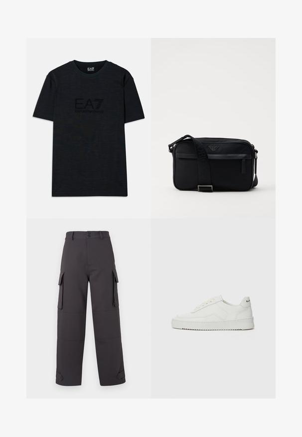 Čierne bavlnené tričko s krátkymi rukávmi, má okrúhly výstrih a na prednej strane jemne embosované logo EA7 Emporio Armani.; Cargo nohavice v tmavo šedej farbe, vyrobené z hladkej tkaniny, s dvoma bočnými vreckami a gombíkovými uzávermi. Vo voľnom strihu s manžetovými nohavicami.; Biele kožené tenisky s hladkým povrchom, okrúly špičkový dizajn, ploché šnúrky a textúrovaná podrážka. Obsahujú jemné logo na päte.; Čierna nylonová taška cez rameno so kontrastným popruhom, štýlovým obdĺžnikovým tvarom, detailom loga a zipsovou kapsou na prednej strane.