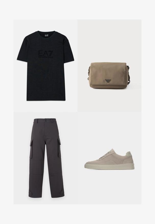 Čierne bavlnené tričko s krátkymi rukávmi, má okrúhly výstrih a na prednej strane jemne embosované logo EA7 Emporio Armani.; Cargo nohavice v tmavo šedej farbe, vyrobené z hladkej tkaniny, s dvoma bočnými vreckami a gombíkovými uzávermi. Vo voľnom strihu s manžetovými nohavicami.; Béžové semišové tenisky s textúrovaným povrchom, zaoblenou špičkou a farebne zladenými šnúrkami. Majú hrubú gumovú podrážku a nenápadné značenie na päte.; Obdĺžniková taupe crossbody taška s klopou na zatváranie a malým kovovým logom uprostred prednej časti na bielom pozadí.