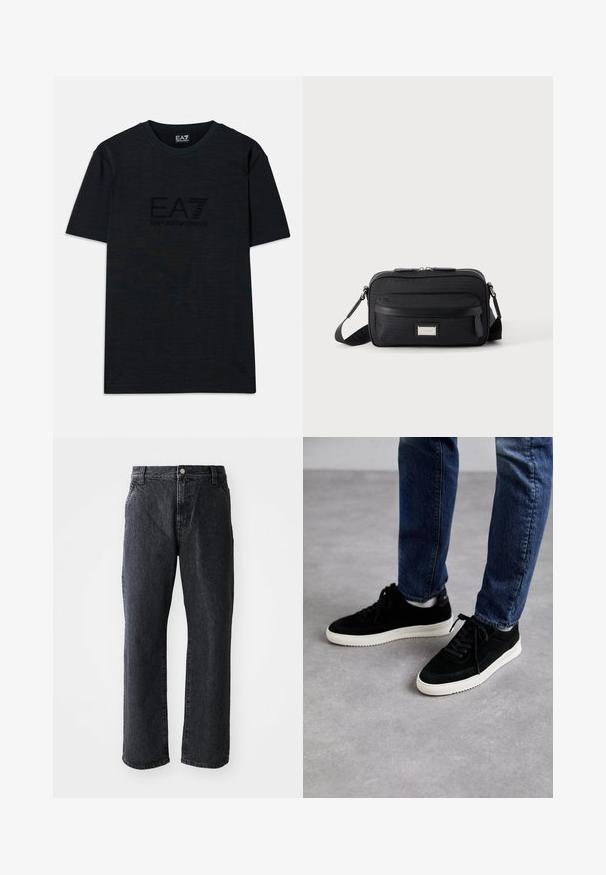 Čierne bavlnené tričko s krátkymi rukávmi, má okrúhly výstrih a na prednej strane jemne embosované logo EA7 Emporio Armani.; Čierne denimové džínsy so strihom rovného strihu, s gombíkovým zapínaním, piatimi vreckami a jemnou textúrou. Klasický dizajn bez výrazných vzorov.; Čierne semišové tenisky s bielou gumovou podrážkou, s klasickým nízkym strihom, zaoblenou špičkou a plochými čiernymi šnúrkami.; Čierna obdĺžniková crossbody kabelka s predným vreckom na zips, nastaviteľným popruhom a striebornou obdĺžnikovou logovo platničkou na jednofarebnom pozadí.