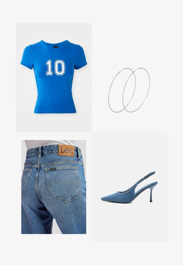 Blå bomulds T-shirt med kortærmer, prydet med det hvide nummer "10" trykt i midten. Let tætsiddende design med rund halsudskæring.; Blå denimbukser med baglommer med gule syninger og et brunt lædermærke med Lee-brand på linningen.; Blå denim spids tå slingback sko med høj hæl, sølv øjendesign og justerbar spænde.; Sølvøreringe med et minimalistisk design. Cirkulær form, glat tekstur og tynd profil. Letvægtige med en poleret overflade.