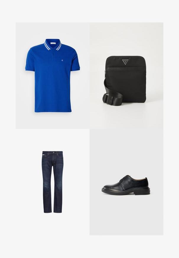 Blå polo skjorte lavet af bomuld, med en tre-knaps lukning, stribet krave i hvid, og et broderet logo på brystet.; Mørkeblå denimjeans med lige ben, der har diskrete falmninger, fem lommer og en klassisk knaplukning i taljen.; Sorte læder oxford sko med rund tå, snørebånd foran og lav, stablet hæl på lys baggrund.; Sort nylon crossover taske med justerbar rem, lynlås, frontlomme og logo i sølvfarvet tone. Flad rektangulær form, glat tekstur.