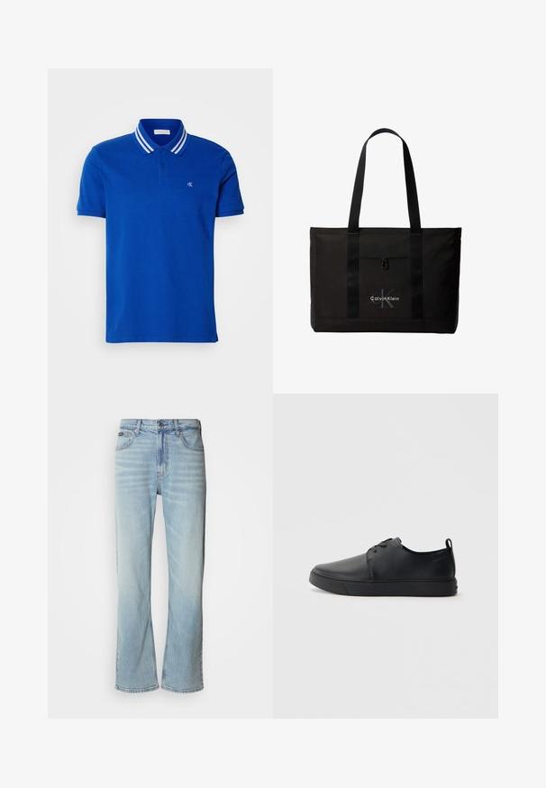 Polo bleu en coton, doté d'une patte de boutonnage à trois boutons, d'un col rayé blanc et d'un logo brodé sur la poitrine.; Jeans en denim bleu clair avec une coupe droite, dotés de cinq poches, d'une fermeture à bouton et d'une légère décoloration sur le tissu.; Baskets en cuir noir avec une finition lisse, bout arrondi, coutures ton sur ton, devant à lacets et semelle plate en caoutchouc. Anse au talon.; Sac cabas noir Calvin Klein avec deux longues poignées et une poche avant, avec le logo de la marque en blanc et gris.