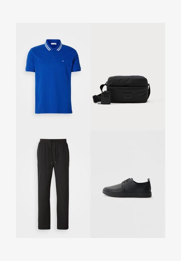 Polo bleu en coton, doté d'une patte de boutonnage à trois boutons, d'un col rayé blanc et d'un logo brodé sur la poitrine.; Pantalons de jogging noirs en tissu léger, dotés d'une taille élastique avec cordons de serrage réglables et poches latérales. Texture lisse.; Baskets en cuir noir avec une finition lisse, bout arrondi, coutures ton sur ton, devant à lacets et semelle plate en caoutchouc. Anse au talon.; Sac en bandoulière noir en nylon lisse, de forme rectangulaire, avec une petite pochette amovible et une bandoulière réglable.