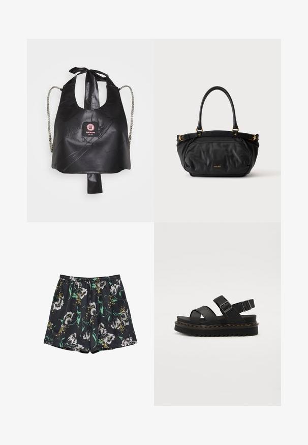 Bolso negro de imitación piel con un diseño recortado, superficie texturizada, correas de cadena plateadas y un parche de logo rosa en el centro.; Pantalones cortos negros con estampado floral blanco y amarillo y hojas verdes, con cintura elástica con cordón.; Sandalias de plataforma negras de cuero, con correas entrelazadas y una correa para el tobillo ajustable con hebilla. Suela texturizada con patrón en zigzag.; Bolso de cuero negro con dos asas, hebillas doradas y un pequeño logotipo dorado de la marca en el centro delantero.