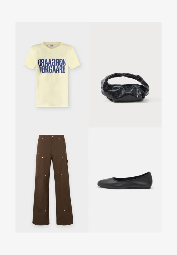 T-shirt jaune clair à manches courtes avec le texte bleu déformé « NØRGAARD » imprimé deux fois sur la poitrine.; Pantalon droit marron avec poches avant et latérales, rivets argentés, passants de ceinture et fermeture par bouton sur fond blanc.; Ballerines en cuir noir avec un bout rond, texture lisse, détails de couture minimalistes et design de semelle flexible.; Sac noir en matériau texturé et brillant avec une poignée circulaire torsadée et une fermeture éclair. Présente un design doux et froissé.