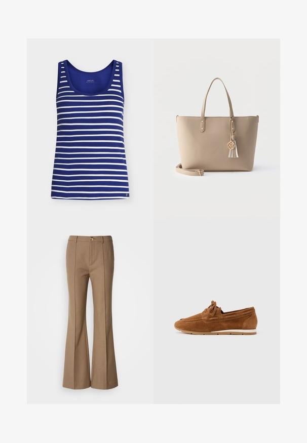 Débardeur sans manches à rayures horizontales bleues et blanches, avec encolure dégagée et petit logo métallique sur l'ourlet inférieur.; Pantalons évasés marron avec une texture lisse, dotés d'une fermeture à bouton sur le devant et de coutures verticales pour une meilleure structure.; Mocassin en cuir suédé marron avec détail de lacet, semelle en caoutchouc blanche et beige, présenté de profil sur un fond clair uni.; Sac fourre-tout en cuir beige texturé avec deux poignées, une bandoulière amovible et un pompon décoratif avec un charme en or.