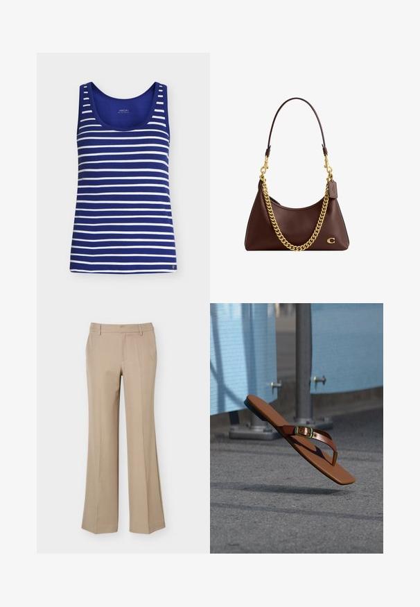Débardeur sans manches à rayures horizontales bleues et blanches, avec encolure dégagée et petit logo métallique sur l'ourlet inférieur.; Pantalon beige pour femme avec passants de ceinture, pli devant et coupe droite à jambes larges sur fond blanc uni.; Sandale en cuir marron avec lanière et boucle dorée flottant au-dessus du pavé gris près de poteaux métalliques et d'une clôture bleue.; Sac bandoulière en cuir marron avec une bandoulière chaîne dorée, petit logo "C" doré et une étiquette en cuir attachée au matériel de la bandoulière.