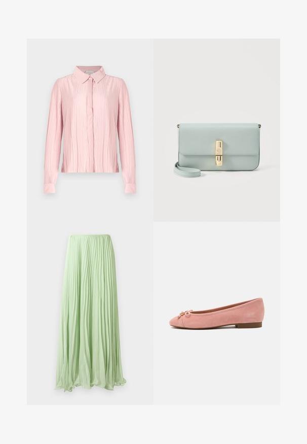 Blouse rose à manches longues avec un col, présentant une texture plissée et un devant à boutons. Tissu lisse avec des poignets contrastants.; Jupe longue plissée vert clair avec un tissu fluide et une taille élastique, présentée sur un fond blanc.; Ballerine plate en daim rose doux avec petit nœud et accent doré sur l'avant arrondi, talon bas et semelle lisse.; Pochette en cuir bleu clair avec fermoir rectangulaire doré et sangle de poignet amovible sur fond blanc.