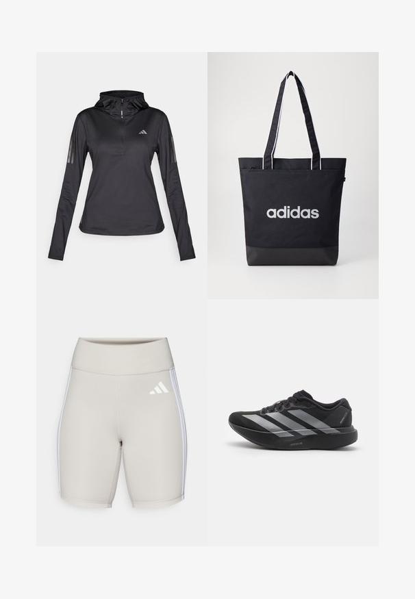 Sudadera atlética negra de manga larga con Media cremallera, tejido texturizado, capucha ajustable y franjas reflectantes en las mangas. Presenta un logotipo en el pecho.; Pantalones cortos deportivos beige con una cintura alta, textura suave, tres franjas blancas a los lados y un pequeño logo blanco en la parte frontal.; Zapatilla de running negra con rayas plateadas, suela gruesa y acolchada etiquetada como "Lightstrike Pro", vista lateral sobre fondo blanco.; Bolsa de tote negra con el logo "adidas" en gris, hecha de un tejido duradero, con dos correas para el hombro y un panel inferior negro en contraste.