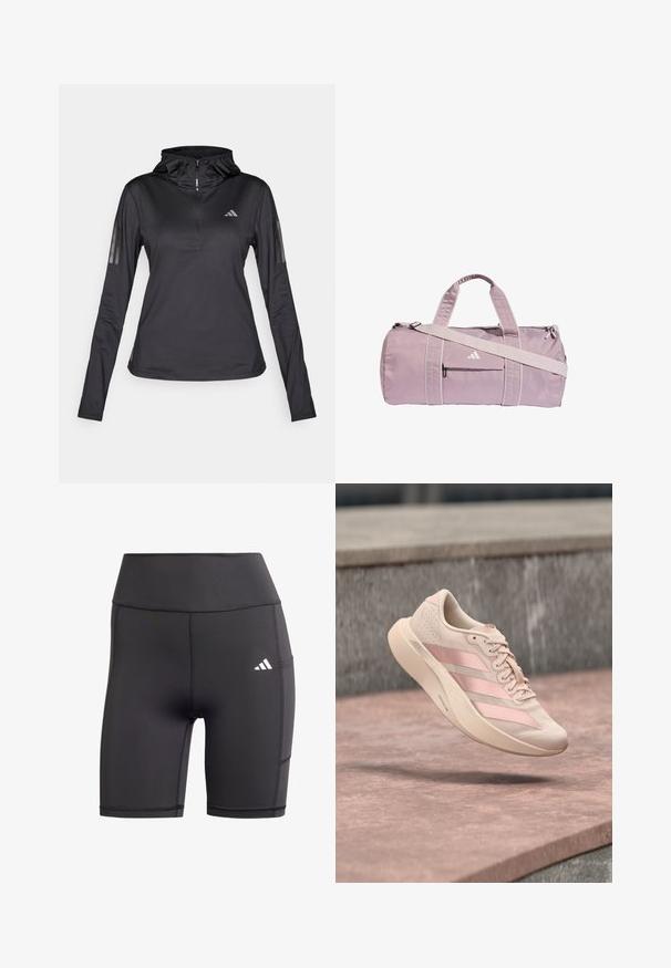 Sort langærmet sports hoodie med kvart lynlås, struktureret stof, justerbar hætte og reflekterende striber på ærmerne. Har logo på brystet.; Sorte atletiske shorts lavet af strækbart materiale, med høj talje, flade sømme og et hvidt logo på venstre hofte.; Lyserød sneaker med tre mørkere lyserøde striber og snørebånd, svævende i luften over en stens overflade og trin i baggrunden.; Lyse lilla sportstaske lavet af skinnende materiale, med to håndtag, en aftagelig skulderrem og en frontlynlåslomme med logo.