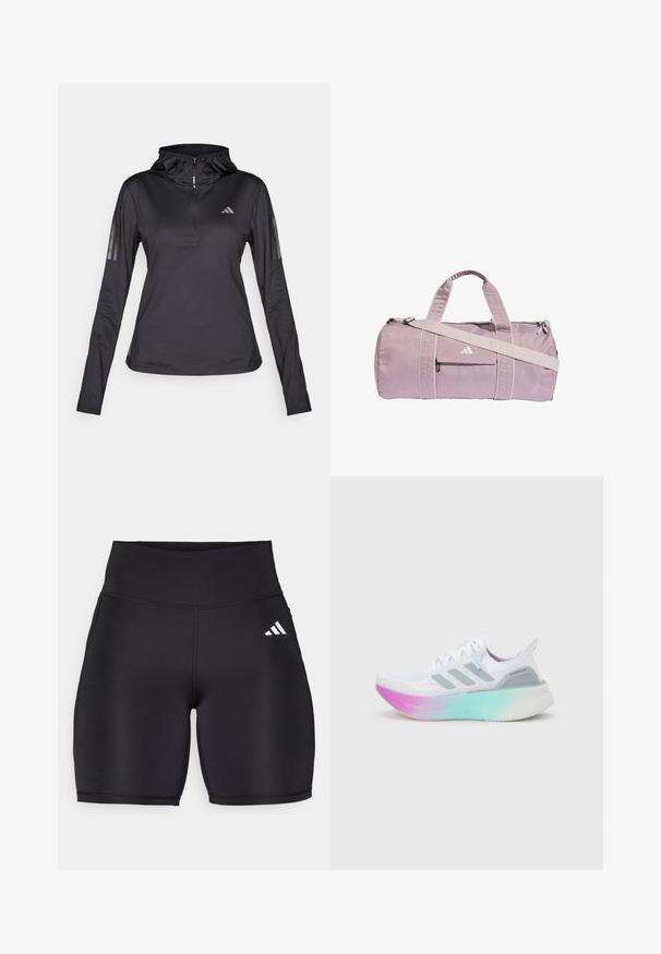 Sort langærmet sports hoodie med kvart lynlås, struktureret stof, justerbar hætte og reflekterende striber på ærmerne. Har logo på brystet.; Sorte atletiske shorts lavet af strækbart stof, med en høj talje, en glat tekstur og et hvidt tre-stribe logo på siden.; Hvid Adidas løbesko med grå striber og en tyk sål, der går fra pink til grøn, med teksten "Lightboost" og "Ultraboost".; Lyse lilla sportstaske lavet af skinnende materiale, med to håndtag, en aftagelig skulderrem og en frontlynlåslomme med logo.