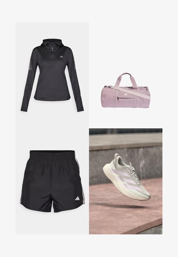Sort langærmet sports hoodie med kvart lynlås, struktureret stof, justerbar hætte og reflekterende striber på ærmerne. Har logo på brystet.; Sort atletiske shorts med elastisk talje, sideslids og hvide tre-stribes detaljer. Har et lille hvidt logo nederst til højre.; Lysegrå atletiksneaker med hvide striber og tyk sål, vist i luften over lyserøde og grå betontrapper.; Lyse lilla sportstaske lavet af skinnende materiale, med to håndtag, en aftagelig skulderrem og en frontlynlåslomme med logo.