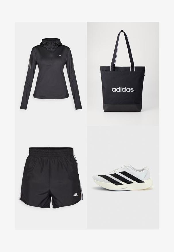Sudadera atlética negra de manga larga con Media cremallera, tejido texturizado, capucha ajustable y franjas reflectantes en las mangas. Presenta un logotipo en el pecho.; Pantalones cortos deportivos negros con cintura elástica, aberturas laterales y acentos en blanco con tres franjas. Presenta un pequeño logo blanco en la parte inferior derecha.; Zapatilla de running blanca con diseño negro de tres franjas en el lateral y suela blanca gruesa con la etiqueta "Lightstrike Pro" sobre fondo liso.; Bolsa de tote negra con el logo "adidas" en gris, hecha de un tejido duradero, con dos correas para el hombro y un panel inferior negro en contraste.
