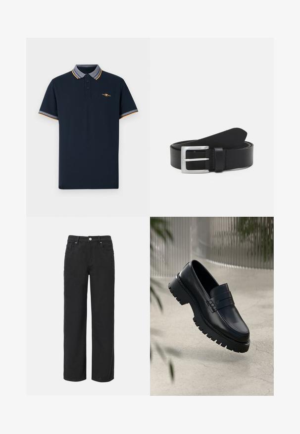Navyblauw polo-shirt van katoen, met een kraag in grijs, oranje accenten en een drievoudige knoopsluiting. Geborduurd logo van 1962.; Zwarte wijde broek van katoen met vier zakken, sluiting met een knoop aan de voorkant en een klassiek denim ontwerp. Soepele textuur, geen zichtbare patronen.; Zwarte leren instappers met een chunky loopzool, voorzien van een decoratieve band en stikseldetails. Gladde textuur met een gepolijste afwerking.; Zwarte leren riem met een gladde textuur, zilveren rechthoekige gesp en een lus voor het einde. Heeft nette stiksels langs de randen.