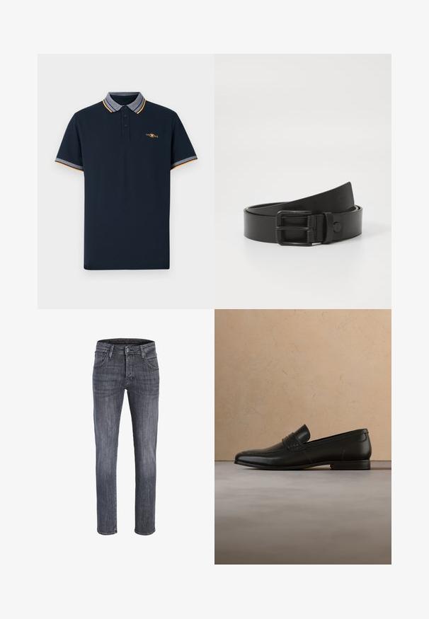 Dunkelblaues Polohemd aus Baumwolle, mit einem Kragen in Grau und orangefarbigen Akzenten sowie einer Knopfleiste mit drei Knöpfen. Besticktes 1962-Logo.; Herrenjeans mit geradem Bein aus dunkelgrauem Denim mit vorderem Knopf und Reißverschluss, Gürtelschlaufen und vorderen Taschen.; Schwarzer Lederschuh im Slipper-Stil schwebt über einem beigen Teppich, im Hintergrund ist ein beiges Sofa zu sehen.; Schwarzer Leder-Gürtel mit rechteckiger Metallschnalle. Verfügt über eine glatte Textur und ein minimalistisches Design, rollt am Ende leicht.