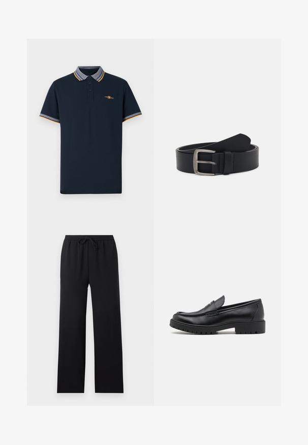 Navyblauw polo-shirt van katoen, met een kraag in grijs, oranje accenten en een drievoudige knoopsluiting. Geborduurd logo van 1962.; Zwarte loszittende broek met elastische tailleband en vooraan trekkoord, rechte pijpen, eenvoudig ontwerp, weergegeven op een neutrale achtergrond.; Zwarte leren instappers met een ronde neus, slip-on ontwerp en dikke rubberen zool met een gestructureerde grip. Verhoogde hak en subtiele stikdetails.; Zwarte leren riem met een zilveren metalen gesp, voorzien van een gladde afwerking en een klassiek ontwerp. De riem is opgerold met de punt van het uiteinde.