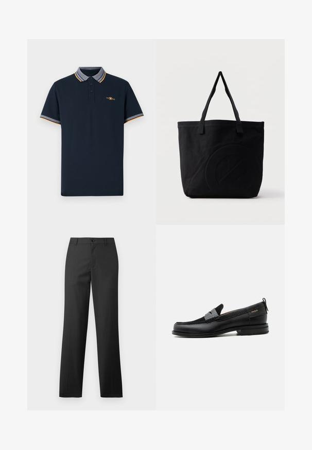 Marineblå polo skjorte lavet af bomuld, med krave og grå kant, orange accenter og tre-knap lukning. 1962 logo broderet.; Samsøe Samsøe SAJOHNNY TROUSERS - Bukser - turkish coffee; Sort læderloafer med grå remdetalje, lav hæl og tekstureret sål, mærket med "HUGO" i guld på siden.; Sort canvas-tote-taske med to skulderstropper og et diskret præget cirkeldesign på fronten.