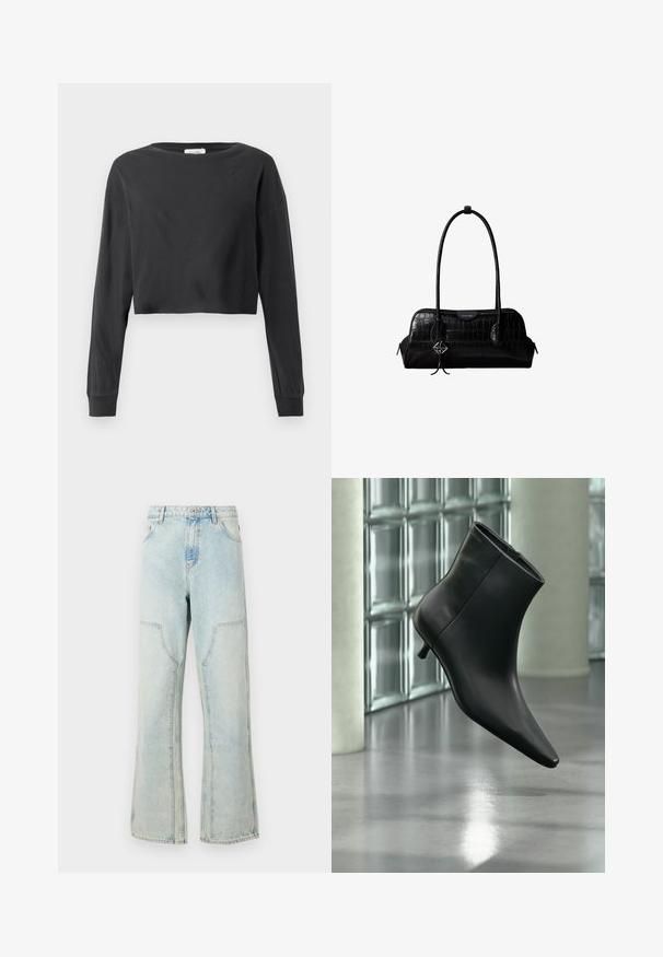 Sort cropped langærmet skjorte med rund hals og ribbede manchetter på hvid baggrund.; Lyseblå denim jeans med en løs pasform, brede ben og forlommes. Har en knappelukning og bæltestropper.; Sort læderankelstøvle med spids tå og lav kitten-hæ, vist vinklet mod en poleret gulv- og glasblokvæg.; Sort skuldertaske i krokodillelæder med lange stropper og lille sølvlogo-charm på den ene strop.