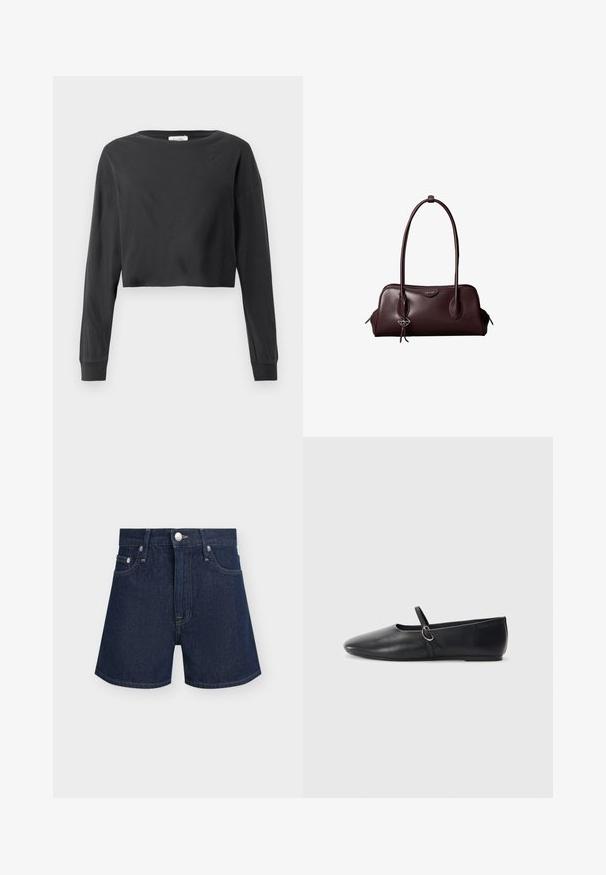 Schwarzes, kurz geschnittenes Langarmshirt mit rundem Ausschnitt und gerippten Bündchen auf einem weißen Hintergrund.; Dunkelblaue Jeansshorts mit Knopf und Reißverschluss vorne, Gürtelschlaufen und Vordertaschen auf schlichtem hellem Hintergrund.; Schwarze Leder-Ballettschuhe mit spitzem Schuhzeug, flacher Sohle und einem kleinen Riemen mit silberner Schnalle.; Dunkelbraune Lederhandtasche von Calvin Klein mit langen doppelten Griffen und einem kleinen Logoanhänger, der an einem Griff hängt.