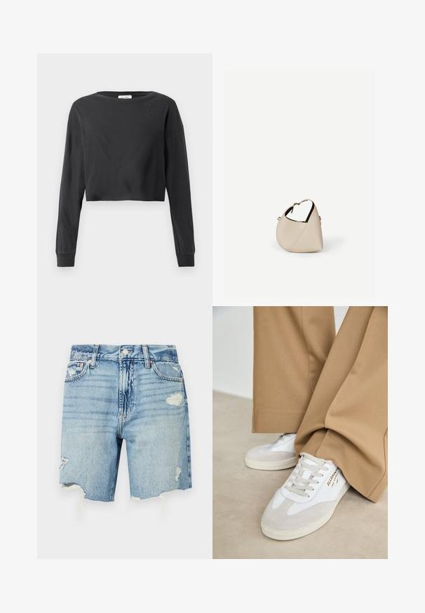 Schwarzes, kurz geschnittenes Langarmshirt mit rundem Ausschnitt und gerippten Bündchen auf einem weißen Hintergrund.; Helle blaue Denim-Shorts mit hoher Taille. Mit verwaschenen Details, fransigem Saum und mehreren Taschen. Klassisches Fünf-Taschen-Design.; Weiße Sneakers mit Wildlederakzenten, strukturierten Schnürsenkeln und einer Gummisohle. Kombiniert mit lockeren, sandfarbenen Hosen. Logo an der Seite angebracht.; Beige Ledertasche in Halbmondform mit einem einzelnen Schulterriemen und minimaler Nahtgestaltung, vor einem schlichten weißen Hintergrund.