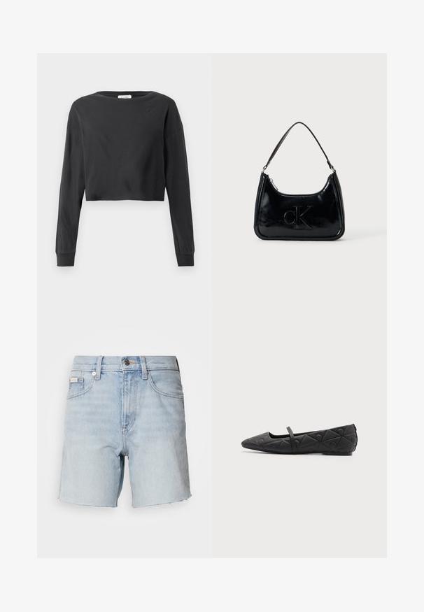Sort cropped langærmet skjorte med rund hals og ribbede manchetter på hvid baggrund.; Lyseblå denimshorts med frynset kant, frontknap- og lynlås, bæltestropper og forlommer.; Sort flad sko med spids tå, quiltede geometriske mønstre og en tynd rem over vristen på en ensfarvet baggrund.; Sort patentlæder håndtaske med et buet topgreb, lynlåsslukning og prægede "cK" logo på fronten. Glat tekstur, struktureret form.