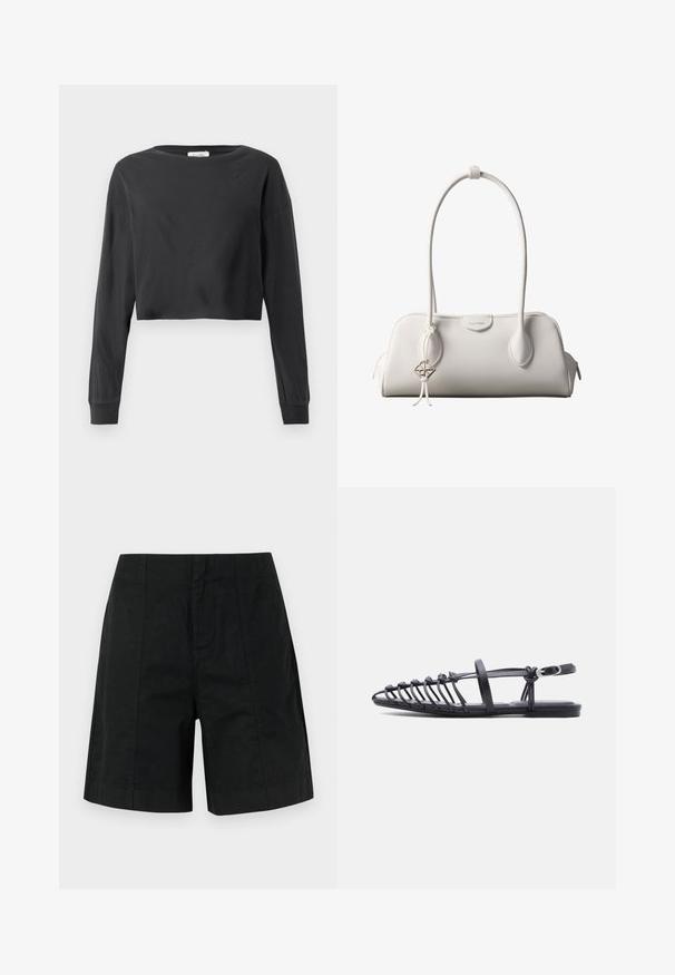 Schwarzes, kurz geschnittenes Langarmshirt mit rundem Ausschnitt und gerippten Bündchen auf einem weißen Hintergrund.; Schwarze, maßgeschneiderte Shorts aus leichtem Stoff, mit einem strukturierten Design und vertikalen Linien sowie einem geraden Saum. Keine sichtbaren Taschen.; Schwarze flache Sandale mit mehreren dünnen Riemen, verstellbarem Knöchelriemen mit Schnalle und offenem Zehenkäfig-Design vor weißem Hintergrund.; Weiße Calvin Klein Schultertasche mit langen Griffen, rechteckiger Form, Reißverschluss und dekorativem Logo-Anhänger, der in der Nähe des Griffs hängt.