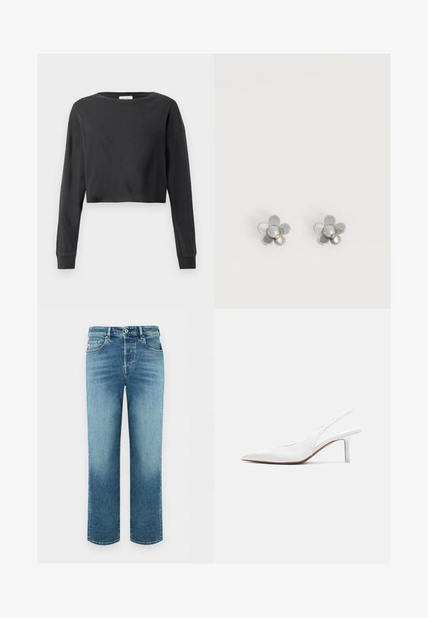 Schwarzes, kurz geschnittenes Langarmshirt mit rundem Ausschnitt und gerippten Bündchen auf einem weißen Hintergrund.; Blaue Straight-Leg-Denim-Jeans mit Knopf- und Reißverschluss, vorne und hinten Taschen sowie subtilen ausgebleichten Details.; Damen-Slingback-Schuh aus weißem Leder mit spitzer Spitze, niedrigem Kitten-Heel und kleiner dekorativer Schleife oben, seitlich dargestellt.; Paar kleine silberne, blumenförmige Ohrstecker mit fünf abgerundeten Blütenblättern auf weißem Hintergrund.