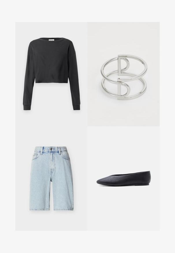 Schwarzes, kurz geschnittenes Langarmshirt mit rundem Ausschnitt und gerippten Bündchen auf einem weißen Hintergrund.; Hellblaue Jeansshorts mit hoher Taille, Knopf- und Reißverschluss, Gürtelschlaufen und Vordertaschen.; Schwarzer flacher Ballettschuh mit spitzer Zehenpartie und dezentem Perforationsmuster, von der Seite auf weißem Hintergrund dargestellt.; Silberner Metallarmreif mit einem Doppel-Schleifen-Design, glatter, glänzender Oberfläche und einem minimalistischen geometrischen Akzent.