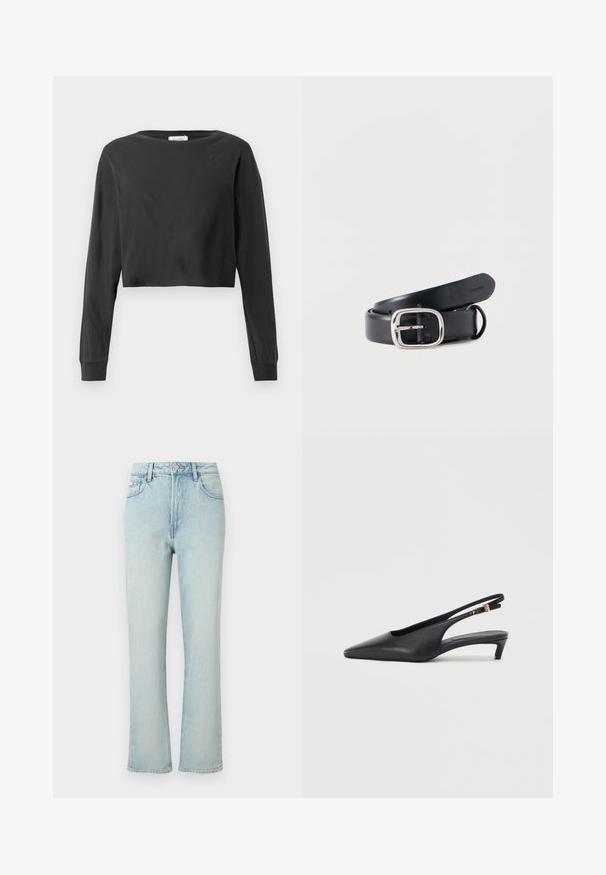Schwarzes, kurz geschnittenes Langarmshirt mit rundem Ausschnitt und gerippten Bündchen auf einem weißen Hintergrund.; Hellblaue Jeans mit hoher Taille und geradem Bein, vorne mit Knopf, Gürtelschlaufen und klassischem Fünf-Taschen-Design auf einfarbigem Hintergrund.; Schwarze Slingback-Pumps mit spitzer Zehe, glatter Lederoberfläche, niedrigem Kitten-Absatz und einem Riemen mit einem metallenen Schnallenakzent.; Schwarzer Ledergürtel mit rechteckiger silberner Schnalle. Glatte Oberfläche, mit gestanzten Löchern zur Einstellung und gebrandetem Innenfutter.
