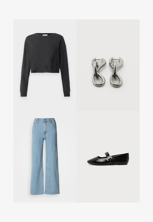 Schwarzes, kurz geschnittenes Langarmshirt mit rundem Ausschnitt und gerippten Bündchen auf einem weißen Hintergrund.; Hellblaue weite Jeans aus Denim, mit einer enganliegenden Taille, Fünf-Taschen-Design und dezenten Nähdetails.; Schwarzer Ledermary-Jane-Flachschuh mit abgerundetem Zehenbereich und silberner Schnalle auf einfachem Hintergrund.; Paar silberfarbene Metallohrringe mit abstraktem ineinandergreifendem Schlaufen-Design auf weißem Hintergrund.