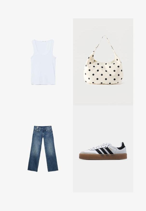 Débardeur blanc sans manches avec encolure dégagée, posé à plat sur un fond blanc.; Jean en denim bleu avec jambes larges et droites, poches avant et fermeture par boutons, présenté à plat sur un fond blanc.; Baskets en cuir blanc avec des rayures noires, semelle extérieure en caoutchouc beige, bout rond, fermeture lacée et embout en suède gris doux.; Sac à main en tissu crème avec des pois noirs et une seule bandoulière, présenté sur un fond blanc uni.