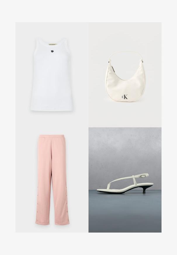 Witte mouwloze tanktop van katoen, met een ronde halslijn en een klein zwart berenlogo in het midden. Soepele textuur.; Lichtroze wijde broek van zacht materiaal, met een subtiele reliëfstructuur en decoratieve knopen langs de zijnaad.; Witte sandaal met smalle bandjes en kitten heel, met een spitse neus, zwevend boven een houten tegelvloer buiten, met op de achtergrond een wazige plant en muur.; Kleine witte handtas in de vorm van een halve maan met een kort hengsel, ritssluiting en zwart "cK" logo aan de voorkant.