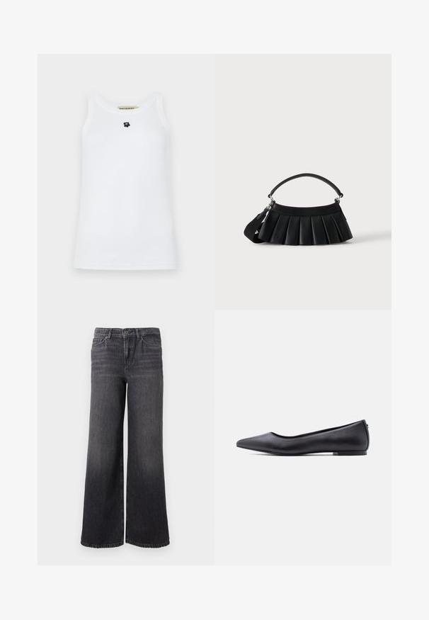 Hvid ærmeløs tanktop lavet af bomuld, med rund halsudskæring og et lille sort bjørnelogo i midten. Glat tekstur.; Bredde ben mørkegrå denimjeans med en subtil falmning, der har knaplukning, fem lommer og en lige kant ved anklen.; Sort flad lædersko med spidst tåparti og lav hæl, vist i sideprofil mod en hvid baggrund.; Sort plisseret håndtaske med kort hank og fastgjort bredere justerbar rem, vist på en ensfarvet lys baggrund.