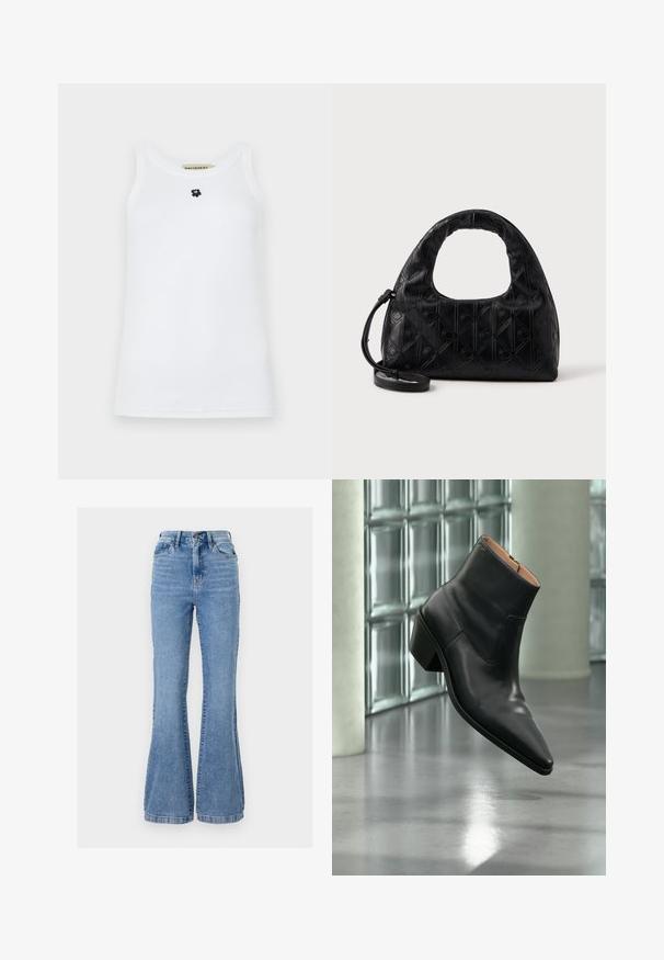 Hvid ærmeløs tanktop lavet af bomuld, med rund halsudskæring og et lille sort bjørnelogo i midten. Glat tekstur.; Lyseblå denim flared jeans med høj talje, der har forlommer, lynlås og subtilt slid på stoffet.; Sort læderankelstøvle med spids tå og blokhæl, der svæver over en reflekterende grå gulv nær en væg af glasblokke.; Sort læderhåndtaske med et buet topgreb, subtil diamantmønster og en aftagelig rem. Teksturen er glat med prægede detaljer.