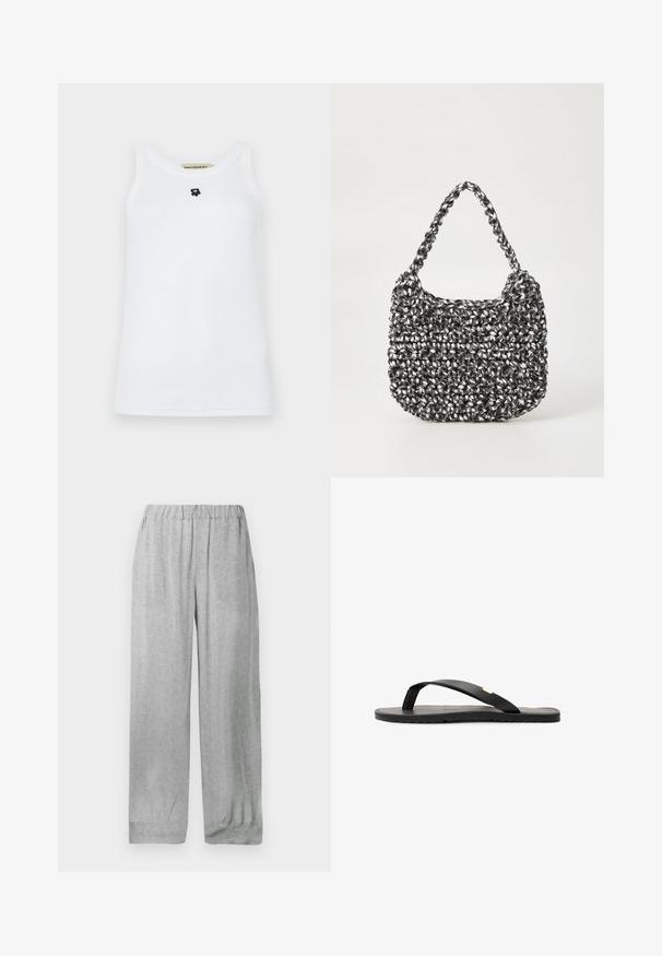 Witte mouwloze tanktop van katoen, met een ronde halslijn en een klein zwart berenlogo in het midden. Soepele textuur.; Lichtgrijze broek met elastische taille, subtiel witte bloemenpatroon over de hele broek, rechte losse pasvorm en omgeslagen zoom.; Zwarte flip-flop sandaal met een platte zool, zwarte textuur inlegzool, gladde bandjes en een kleine gouden accent bij de teenpost.; Geweven handtas in zwart en wit met een ronde vorm, gestructureerd oppervlak en een gevlochten handvat. Geschikt voor dagelijks gebruik.