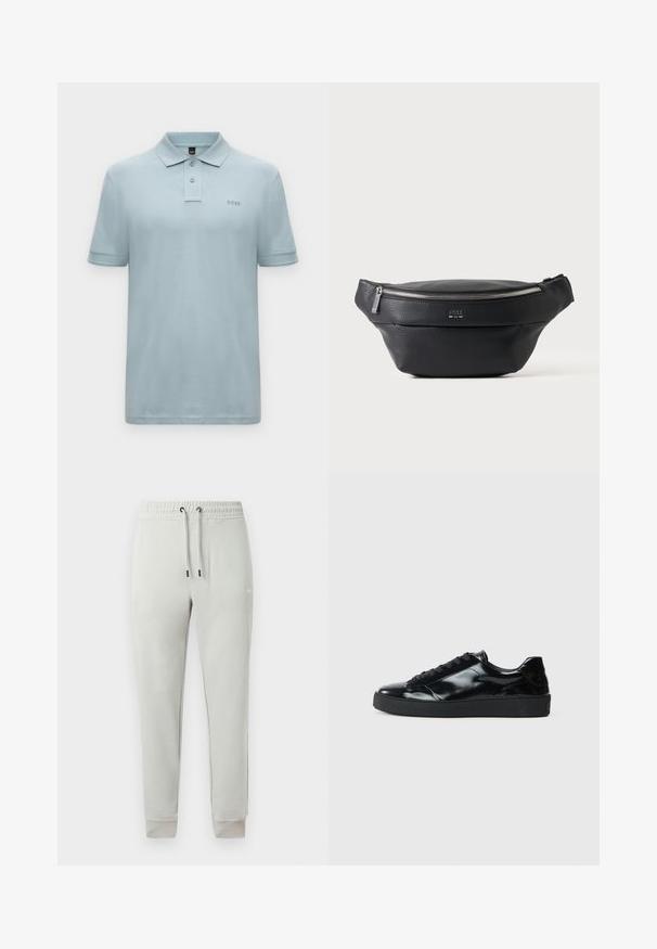 Polo bleu clair à manches courtes avec deux boutons, col et petit logo "BOSS" sur le côté gauche de la poitrine.; Pantalon de survêtement gris clair fuselé avec taille élastique, cordon de serrage réglable, chevilles retroussées et petit logo blanc sur la cuisse droite.; Baskets en cuir verni noir avec un bout arrondi, un laçage, une semelle en caoutchouc texturé et une finition lisse.; Sac banane en cuir noir texturé avec fermeture éclair argentée et petit logo BOSS centré sur la poche avant.
