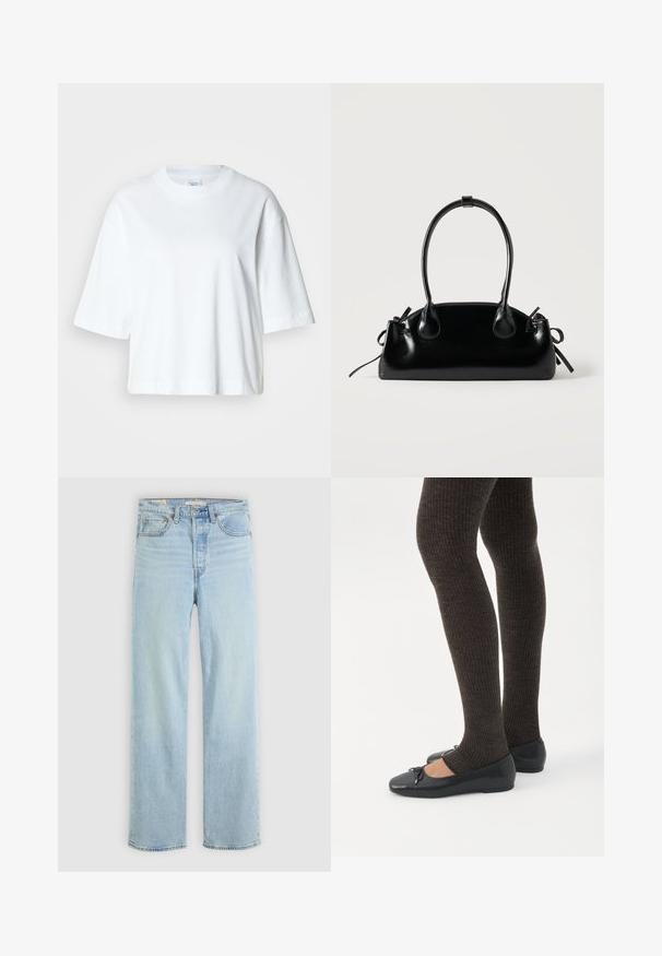 Λευκό κοντομάνικο cropped t-shirt με στρογγυλή λαιμόκοψη, φτιαγμένο από μαλακό βαμβακερό ύφασμα, με απλό και καθαρό σχέδιο.; Ανοιχτό μπλε τζιν παντελόνι με ίσια γραμμή, διαθέτοντας πέντε τσέπες, κλασικό φερμουάρ και ορατές ραφές.; Πόδια με σκουρόχρωμα ριμπ κολάν συνδυασμένα με μαύρα μπαλαρίνα παπούτσια με μικρές λεπτομέρειες φιόγκων σε λευκό φόντο.; Μικρή μαύρη γυαλιστερή τσάντα με δύο μακριές λαβές και λεπτομέρειες με ρυθμιζόμενο κορδόνι στο πλάι σε απλό ανοιχτό φόντο.