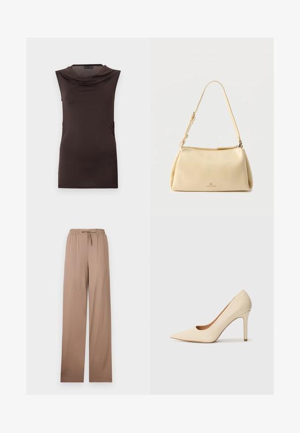 Haut sans manches pour femme de couleur brun foncé avec un décolleté drapé et un léger froncé sur les côtés, présenté sur un fond uni.; Pantalon beige à jambe large avec taille élastique et cordon de serrage, en tissu léger, présenté à plat sur fond blanc.; Escarpin en cuir beige à talon haut avec un bout pointu et un détail découpé sur le côté, possédant un talon stiletto fin pour le soutien.; Sac bandoulière rectangulaire beige avec sangle réglable et fermeture éclair, comportant un petit logo "Anna Field" au centre avant.