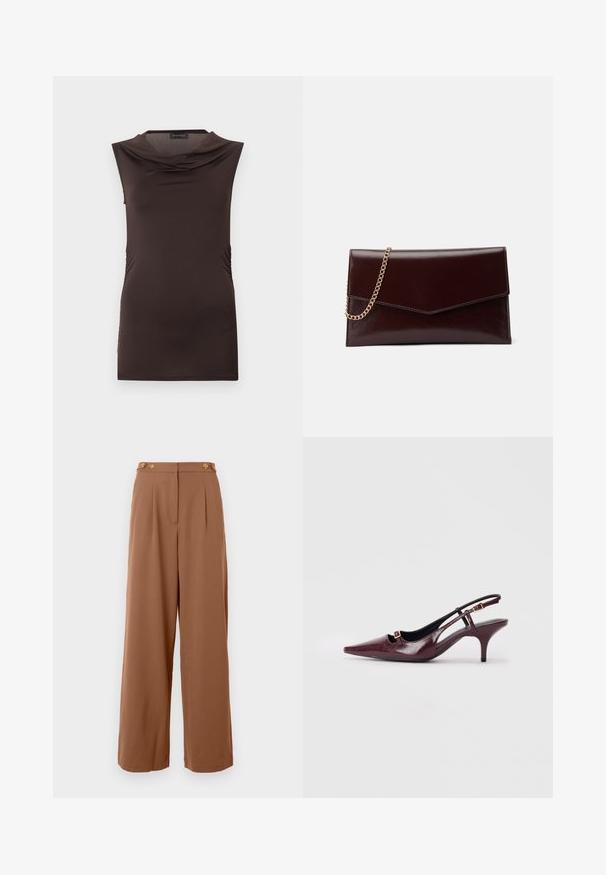 Haut sans manches pour femme de couleur brun foncé avec un décolleté drapé et un léger froncé sur les côtés, présenté sur un fond uni.; Pantalon large brun taille haute avec des plis devant et des détails de boutons à la taille, présenté sur un fond uni.; Talons aiguilles bordeaux à bride arrière avec un bout pointu, finition en cuir brillant, petite découpe à l'avant et un talon stiletto fin avec des accents dorés.; Sac à main en cuir de couleur bordeaux foncé avec un design en forme d'enveloppe. Il dispose d'une anse en chaîne dorée, d'une texture lisse et d'une fermeture en pointe.