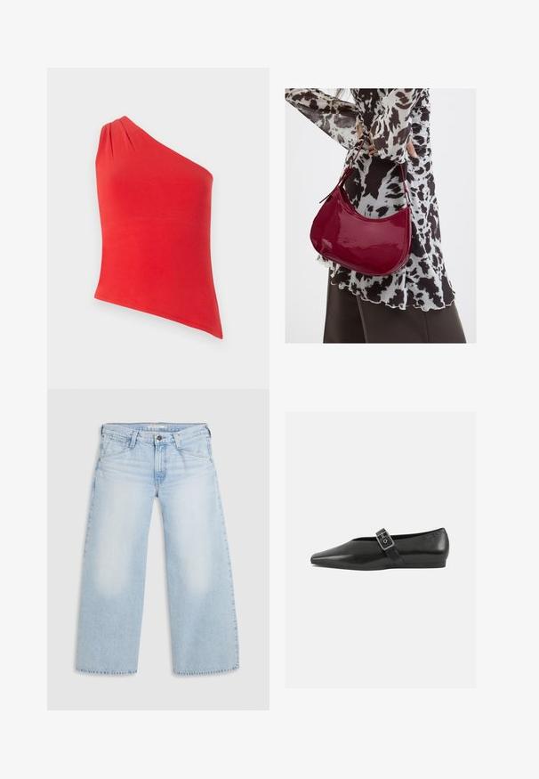 Rød top med én skulder lavet af glat stof. Har et samlet detalje på skulderen. Tætsiddende design med lige kant.; Lyseblå vid nederdel jeans lavet af denim. Har lige snit, fem lommers design og knaplukning i taljen.; Sorte læder flade sko med spidse tæer, prydet med en metallisk spænde over vristen og en lav, fleksibel sål.; Kvinde iført en sort- og hvidmønstret bluse, der holder en blank rød skuldertaske mod en ensfarvet baggrund.