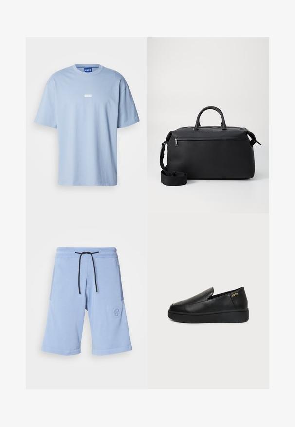 Camiseta de manga corta azul claro hecha de algodón, con cuello redondo y un logo rectangular blanco en el centro del frente.; Pantalones cortos azul claro, hechos de una tela suave. Cuentan con una cinturilla elástica con un cordón negro y un acento de logo en el bolsillo lateral.; Zapato de cuero negro tipo slip-on con suela gruesa y pequeños orificios de ventilación laterales, con el logo dorado de "HUGO" cerca del talón.; Bolsa de viaje de cuero negro con dos asas superiores, una correa de hombro desmontable y un bolsillo frontal con cremallera para almacenamiento adicional.