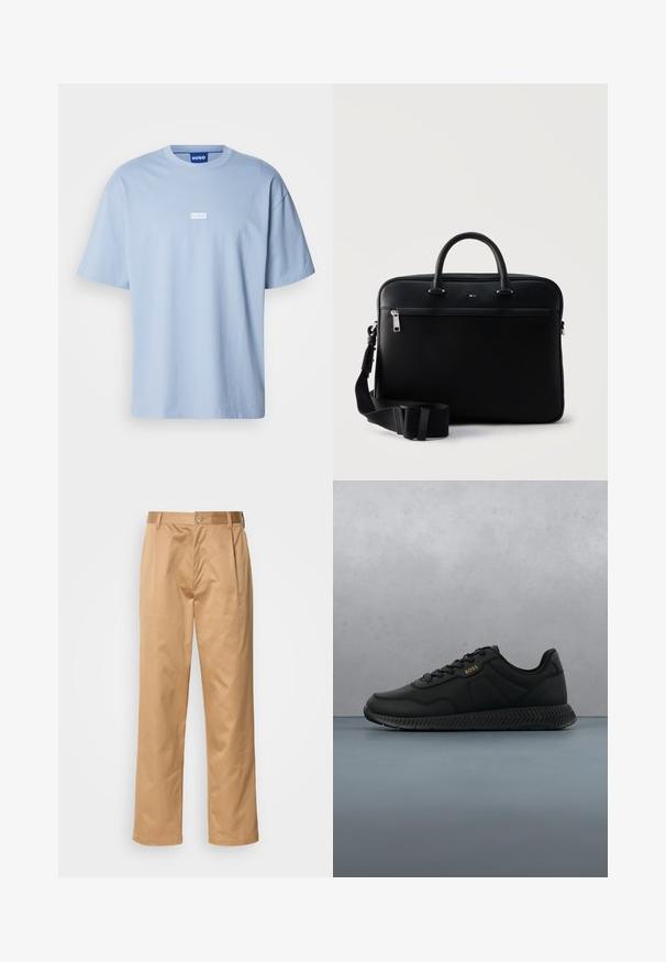 Camiseta de manga corta azul claro hecha de algodón, con cuello redondo y un logo rectangular blanco en el centro del frente.; Pantalones caqui, mezcla de algodón, diseño de pierna recta, con pliegues delanteros, trabillas para cinturón y cierre de botón. Textura suave sin patrones.; Zapatillas deportivas negras con una parte superior de textil suave, suela de goma y un discreto detalle en relieve. Presentan un diseño de cordones y una marca mínima.; Maletín de cuero negro con asas superiores, bolsillo delantero con cremallera y correa de hombro ajustable sobre un fondo blanco liso.