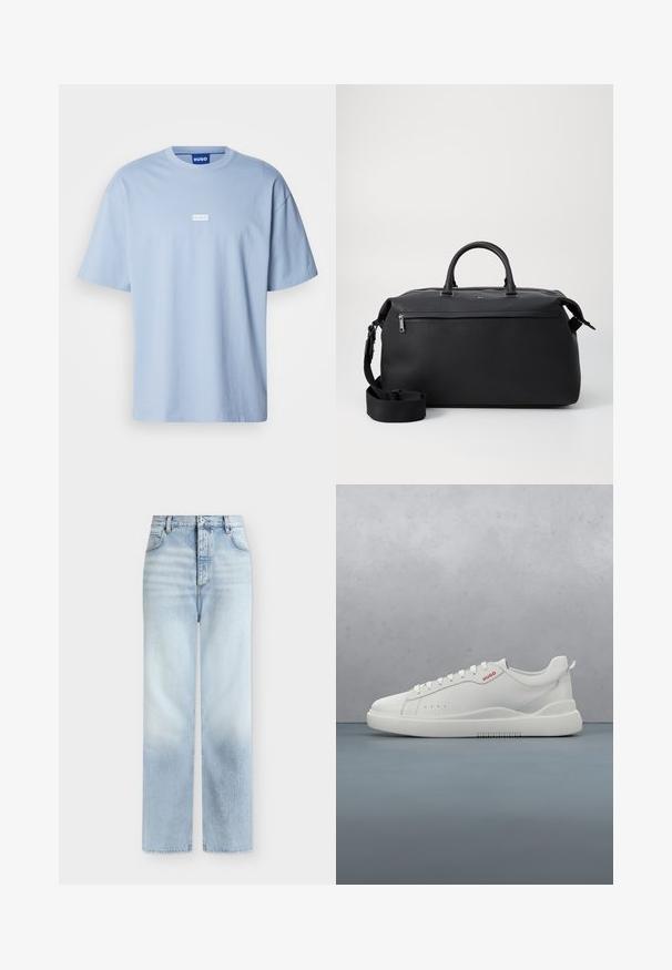 Helles blaues T-Shirt mit kurzen Ärmeln aus Baumwolle, mit Rundhalsausschnitt und einem weißen rechteckigen Logo auf der Vorderseite in der Mitte.; Hellblaue, hoch taillierte Jeans mit geradem Bein, Fronttaschen, Gürtelschlaufen und einem Knopfverschluss.; Weiße Sneaker aus glattem Leder, runde Spitze, vier Ösen, dezente Perforationen und ein rotes Logodetail an der Seite.; Schwarze Leder-Reisetasche mit zwei Oberhandgriffen, einem abnehmbaren Schultergurt und einer Reißverschlusstasche auf der Vorderseite für zusätzlichen Stauraum.