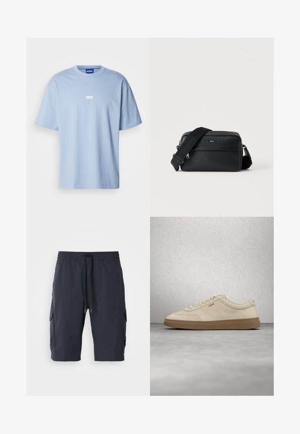 Camiseta de manga corta azul claro hecha de algodón, con cuello redondo y un logo rectangular blanco en el centro del frente.; Pantalones cortos de carga de color navy con cintura elástica, cordón en la parte frontal, bolsillos laterales y textura suave. Tejido duradero adecuado para un uso casual.; Zapatilla de ante beige claro con suela de goma color caramelo, cordones prominentes y detalles de costura sutiles. Diseño limpio con una estética minimalista.; Bolso bandolera negro de cuero texturizado con bolsillo frontal con cremallera y correa de hombro ancha de tela ajustable sobre fondo blanco.