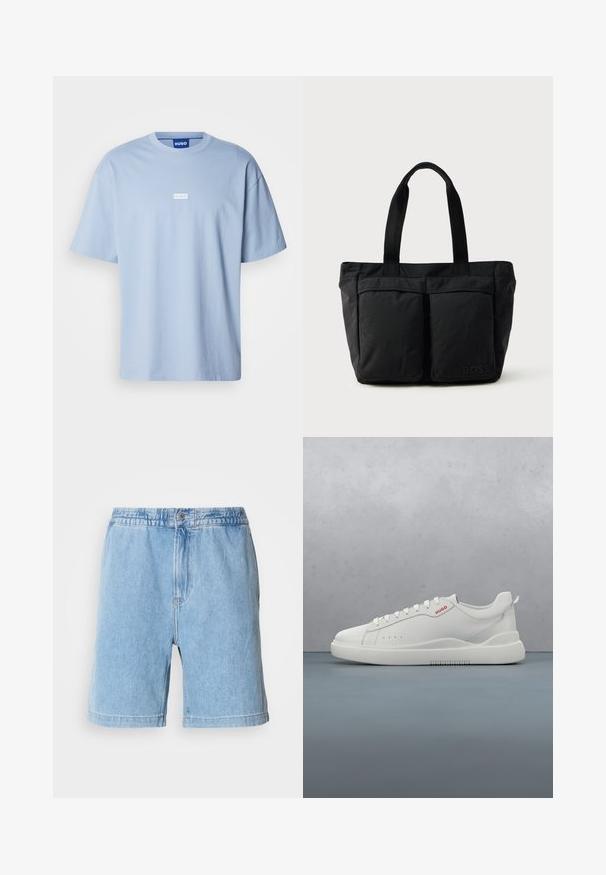 Camiseta de manga corta azul claro hecha de algodón, con cuello redondo y un logo rectangular blanco en el centro del frente.; Pantalones cortos de mezclilla azul claro con cintura elástica, cierre frontal con botón, bolsillos laterales y un diseño de corte recto. Longitud a mitad del muslo.; Zapatilla blanca con un acabado de cuero liso, punta redonda, cuatro ojales, perforaciones sutiles y un detalle de logo rojo en el lateral.; Bolso tote negro con una construcción de tela suave, dos bolsillos frontales y asas resistentes. Logo mostrado en el lateral. Diseño simple y funcional.