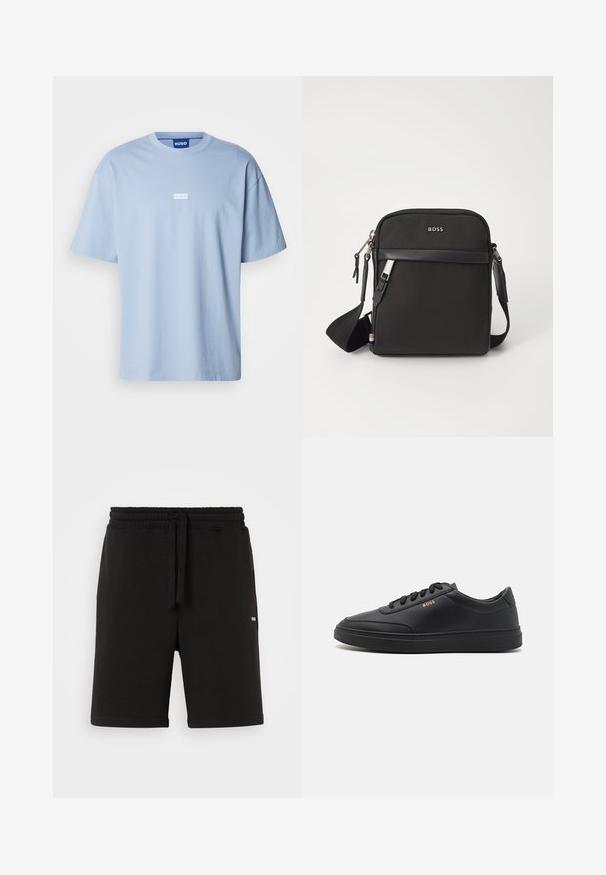Helles blaues T-Shirt mit kurzen Ärmeln aus Baumwolle, mit Rundhalsausschnitt und einem weißen rechteckigen Logo auf der Vorderseite in der Mitte.; Schwarze Baumwollshorts mit elastischem Bund und Kordelzug. Verfügt über seitliche Taschen und ein kleines Logo auf der Vorderseite. Glatte Textur.; Schwarze Leder-Sneaker mit glatter Textur, runder Zehenpartie, flacher Gummisohle und einfarbigen Schnürsenkeln. Mit goldfarbenem "BOSS" Logo an der Seite.; Schwarze Umhängetasche aus strukturiertem Stoff, mit Logo auf der Vorderseite, Reißverschluss und verstellbarem Tragegurt. Verfügt über eine glatte Lederbesatz.