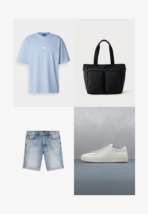 Lichtblauw T-shirt met korte mouwen van katoen, met een ronde hals en een wit rechthoekig logo op het midden van de voorkant.; Lichtblauwe denimshorts met omgeslagen zomen, voorzakken, riemlussen, knoopsluiting en subtiele vervaagde details.; Witte leren sneaker met een ronde neus, minimalistisch ontwerp, grijze veters en een gestructureerde grijze rubberen zool. Fijne stikdetails zichtbaar.; Zwarte tote bag met een zachte stoffen constructie, twee voorvakken en stevige handvatten. Logo aan de zijkant weergegeven. Eenvoudig, functioneel ontwerp.