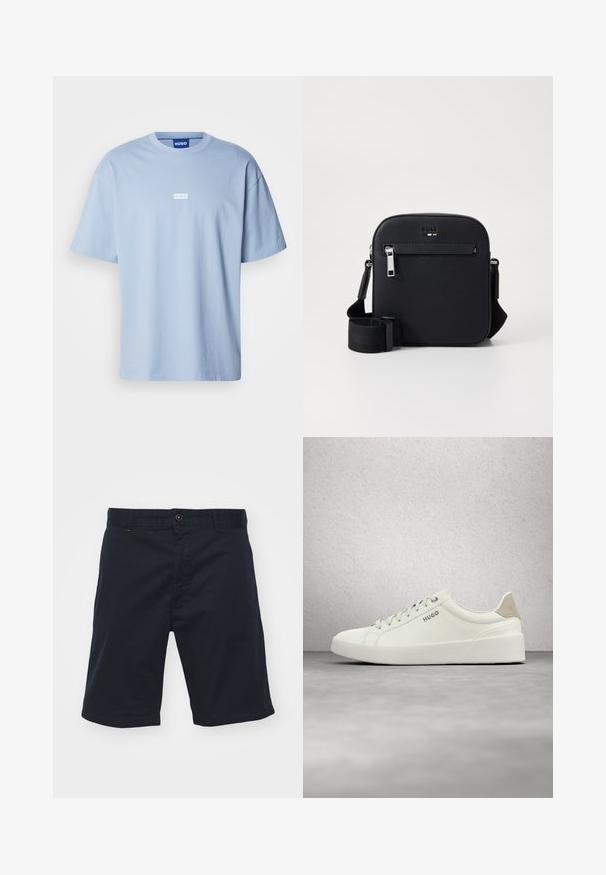 Lichtblauw T-shirt met korte mouwen van katoen, met een ronde hals en een wit rechthoekig logo op het midden van de voorkant.; Marineblauwe katoenen shorts met knoopsluiting, rechte snit en voorzakken. Beschikt over een gladde textuur en eenvoudig ontwerp.; Witte lage sneaker met veters en beige hielstuk, met het merk "HUGO", zwevend boven een gepolijste betonnen vloer in de buurt van een wand van glasblokken.; Zwarte leren crossbodytas met een gladde textuur, voorzien van een voorvak met ritssluiting, verstelbare riem en een strak vierkant ontwerp.